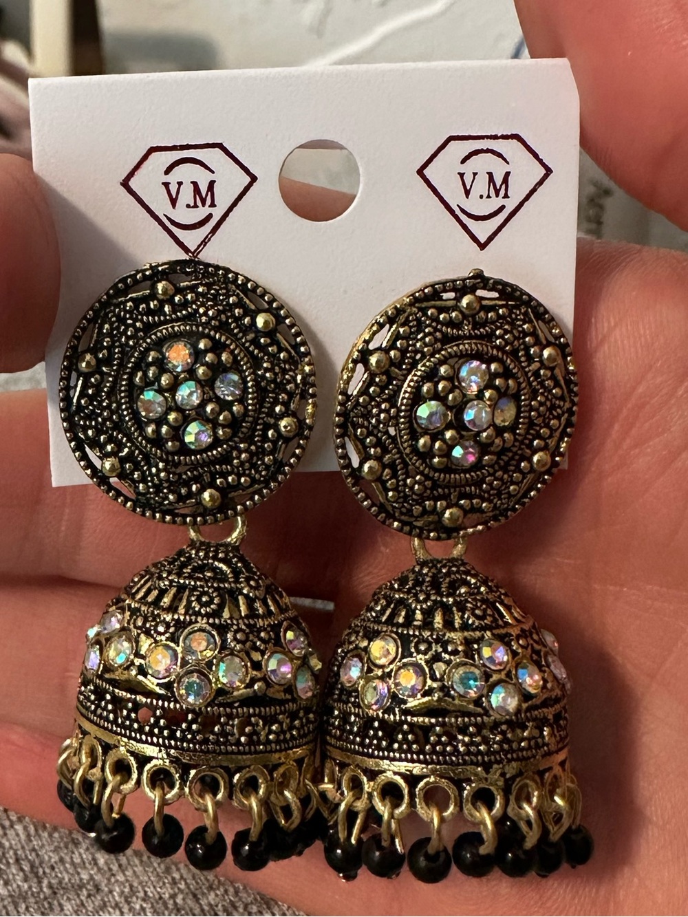 Gold-Tone Crystal Jhumka Earrings - Antique Brass Finish From Nepal